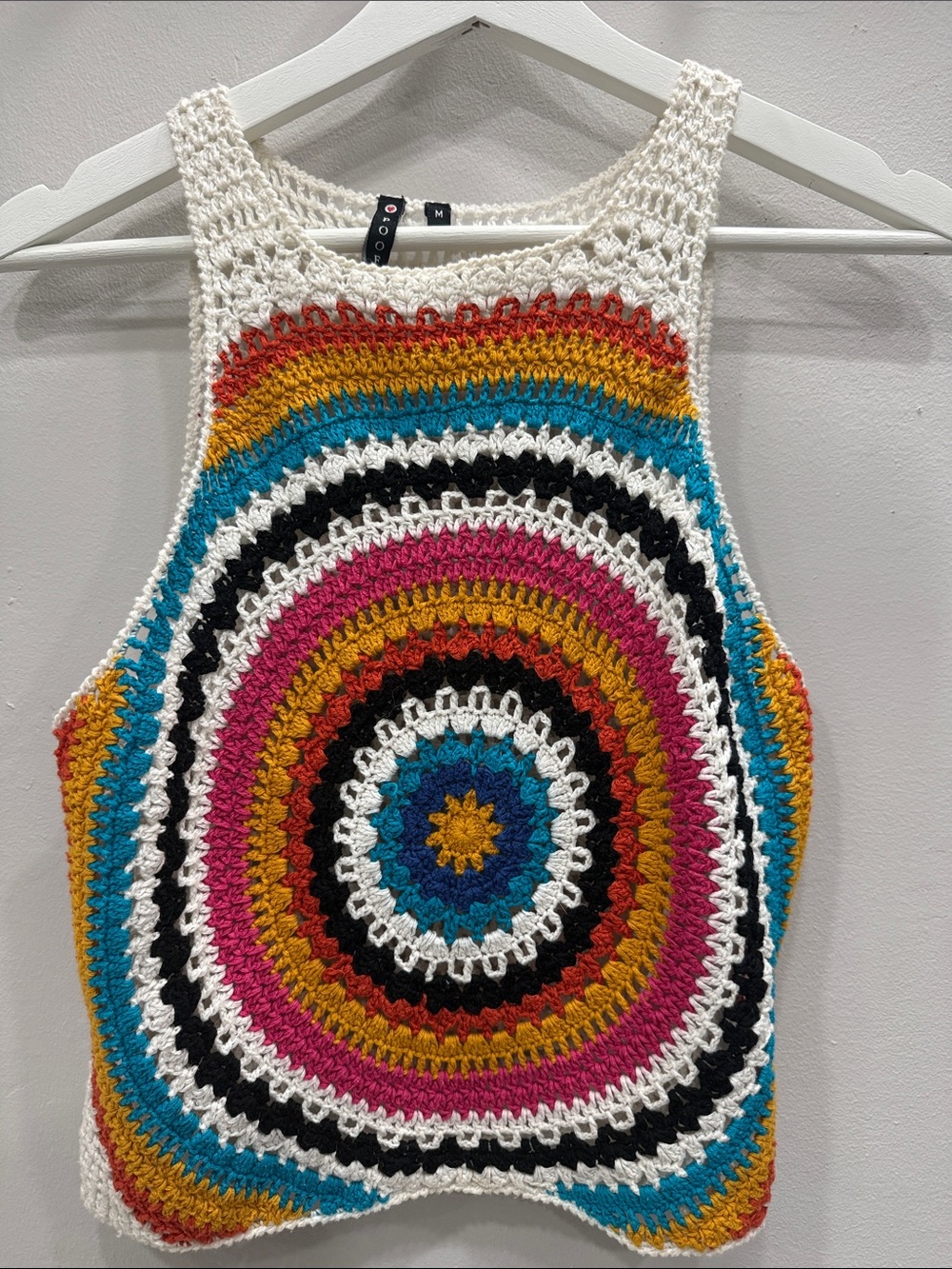 Poof! White Crochet Tank with Multicolor Concentric Circles